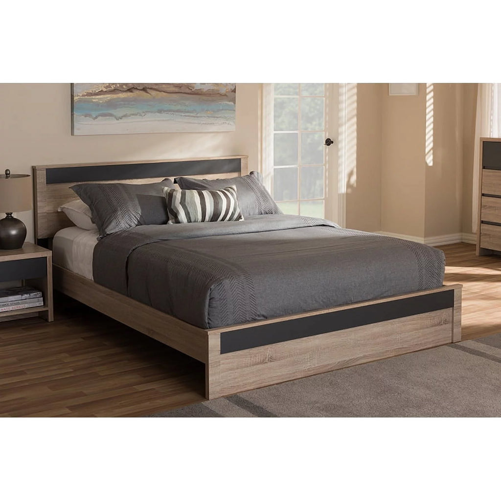 Queen Size Two-Tone Oak and Grey Wood Platform Bed F184