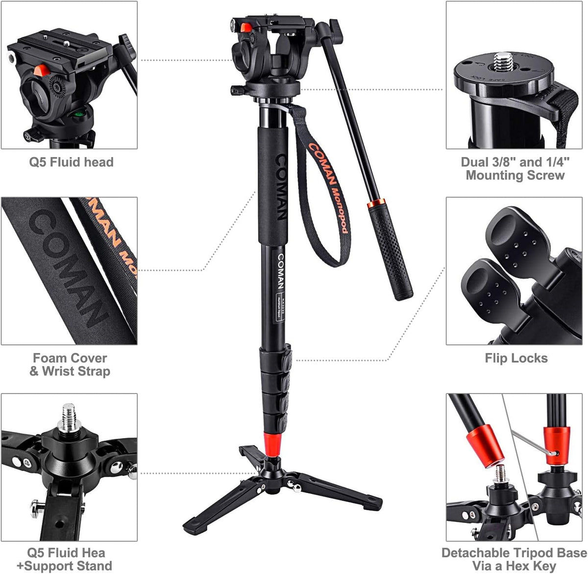 73.2 inch Aluminum Camera Monopod with Pan Tilt Fluid Head and Tripod Base T749
