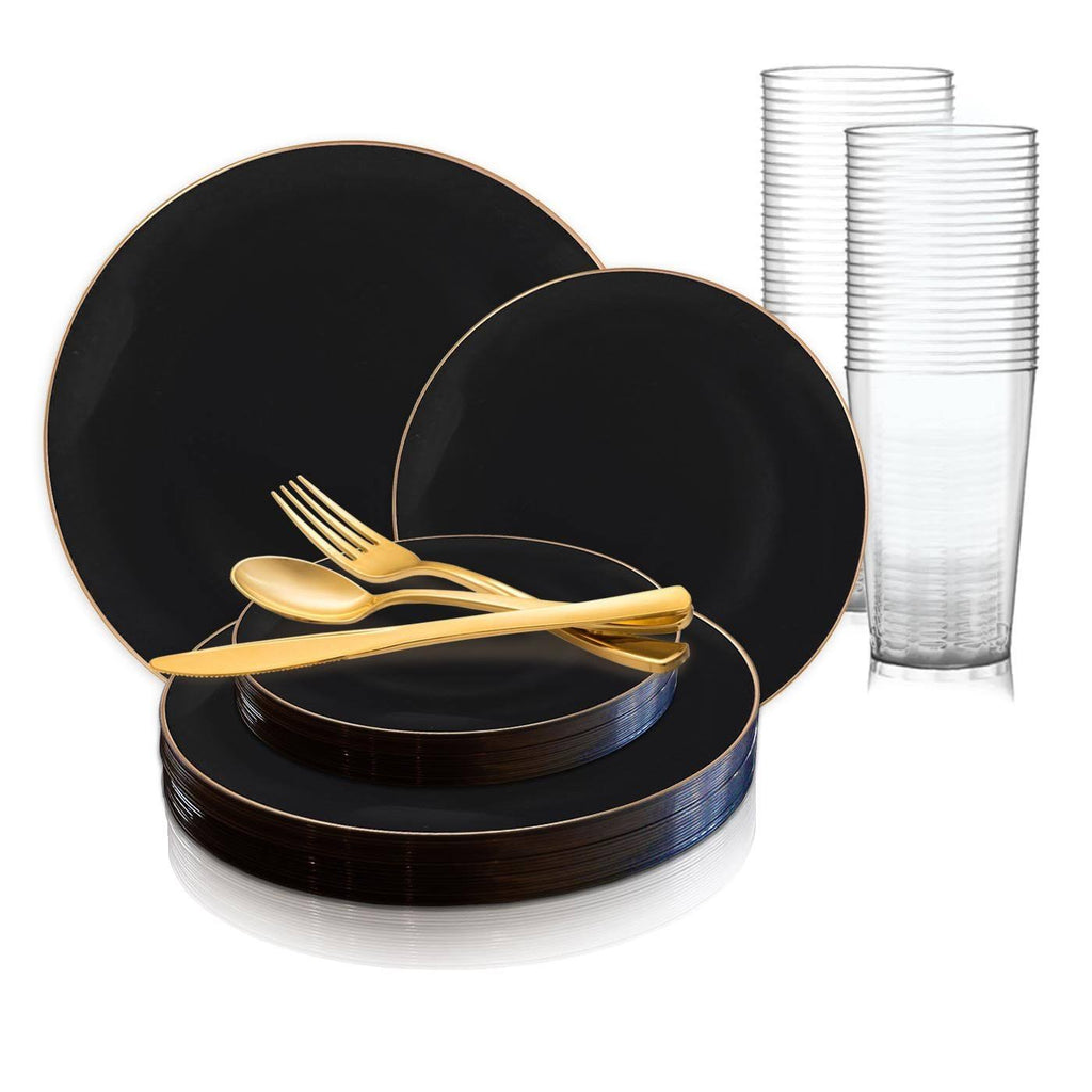 120 Settings Black with Gold Rim Round Disposable Plastic Wedding Value Set A500
