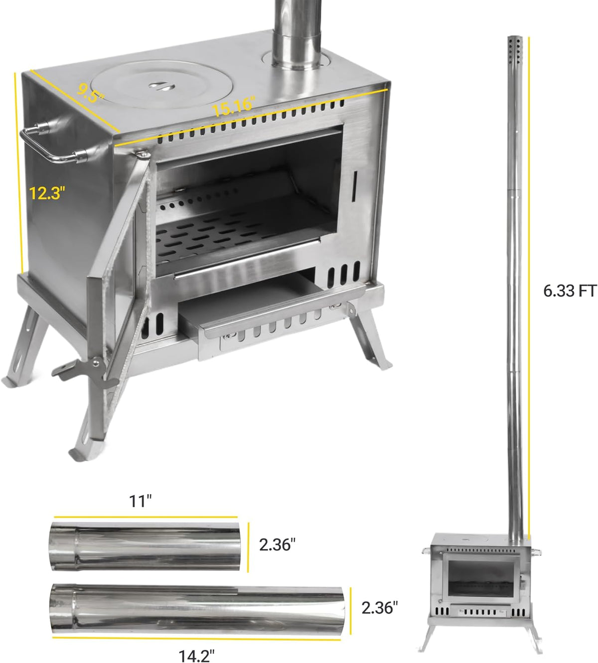 Tent Stove with View Glass, Pipes and Slide Air Intake Valve X930669