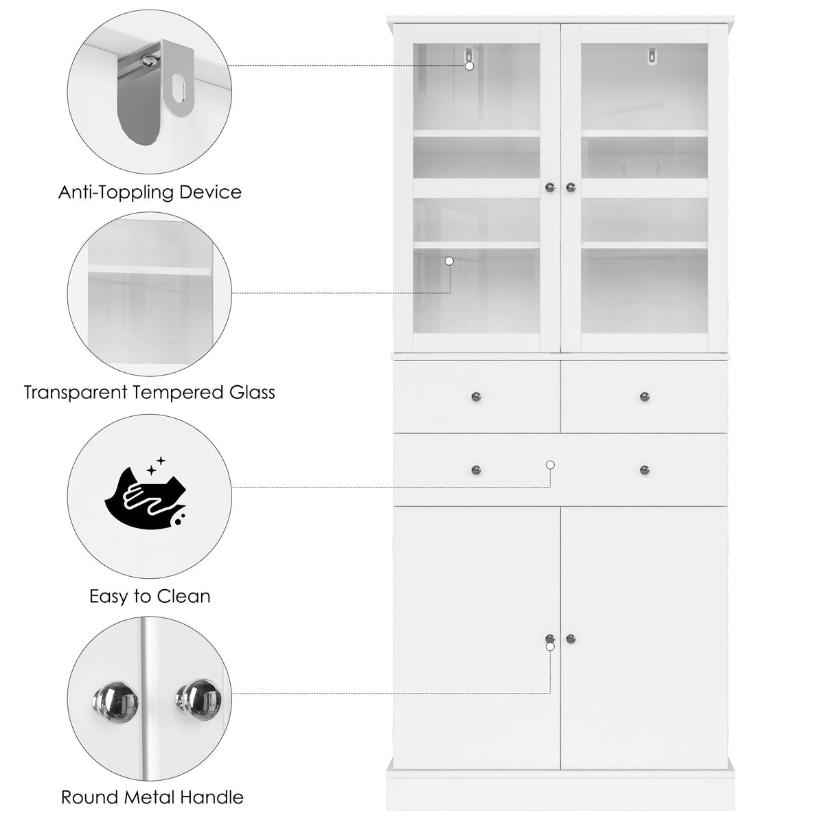 71" White Wood Bookcase with Glass Doors and 3 Drawers J230