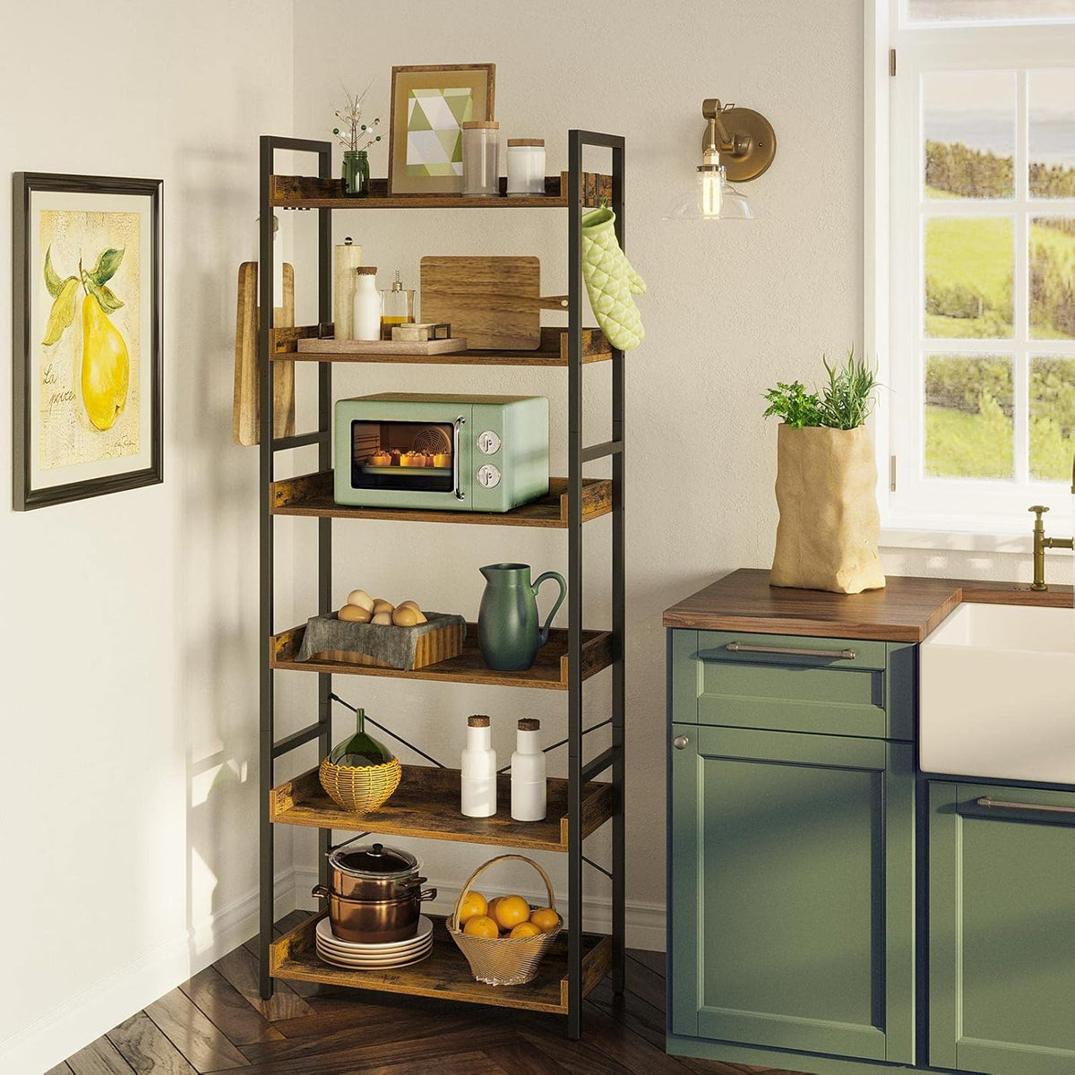 Rustic Brown 6 Tier Wood Bookshelf with 4 Hooks Metal Frame Z9009