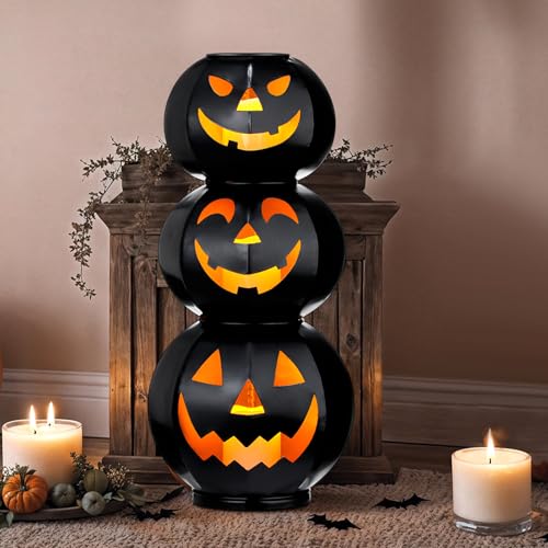 3 Tiers Black Metal Jack O Lanterns Light up Pumpkins with LED Candles S52210