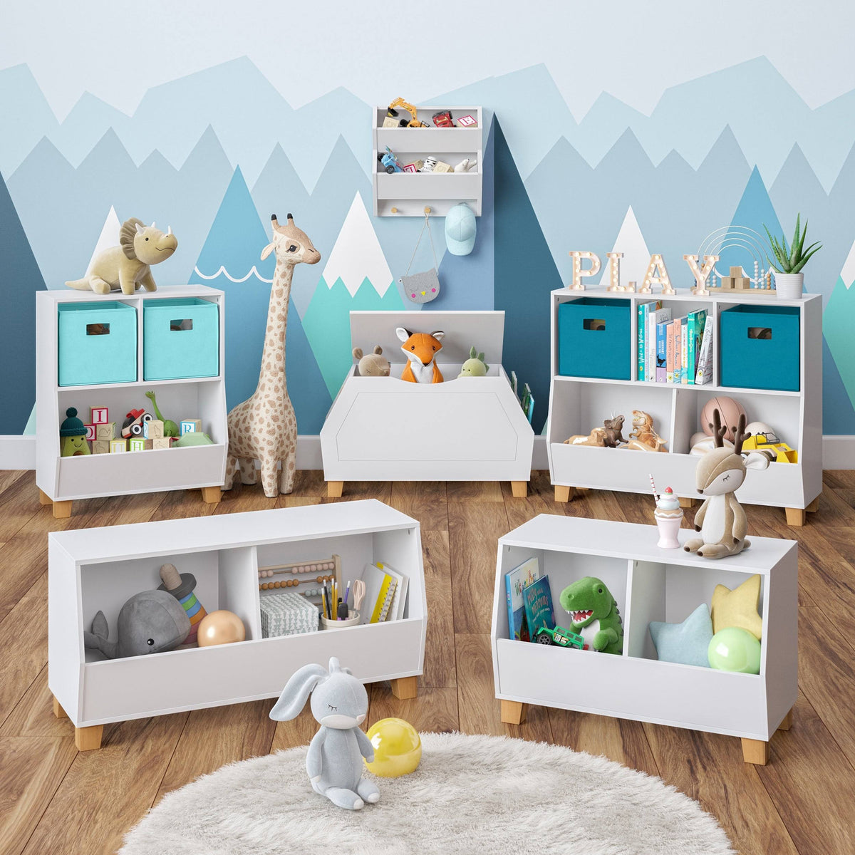 White Toy Organizer with 2 Gray Bins X932