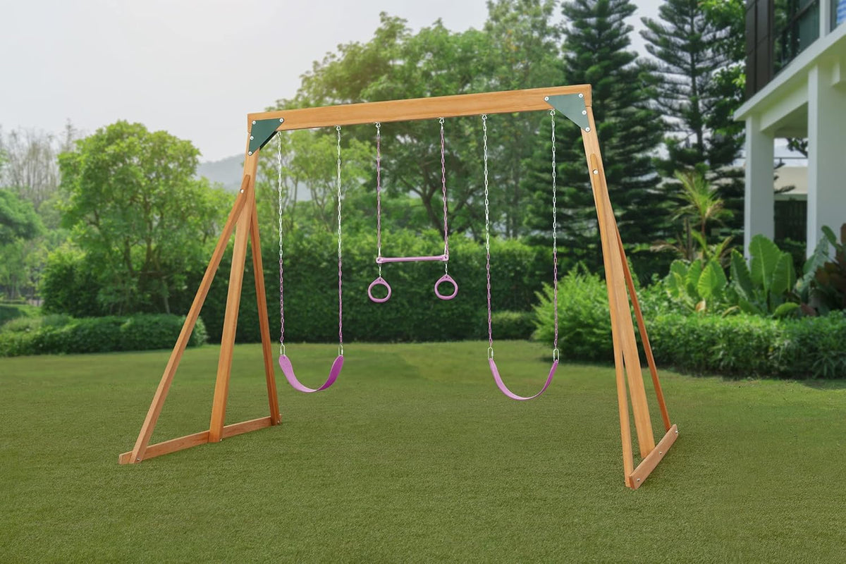 Cedar Wooden Backyard Swing Set with 2 Swings & 1 Trapeze O9441