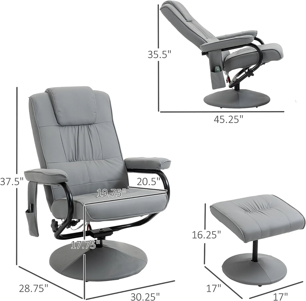 Gray Faux Leather Massaging Recliner Chair and Ottoman Set S250218