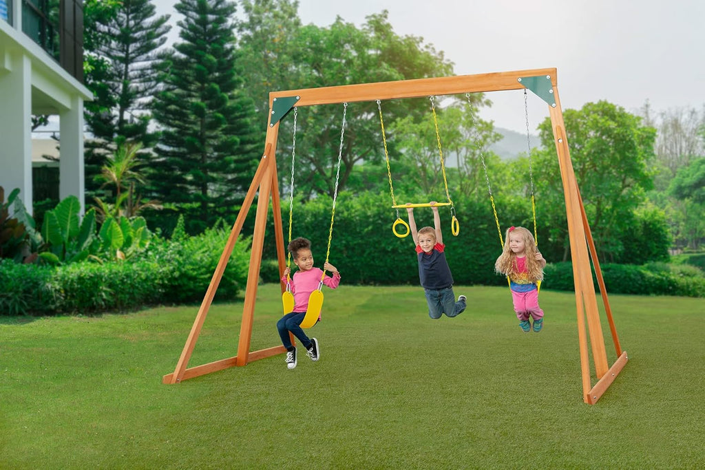 Cedar Wooden Backyard Swing Set with 2 Swings & 1 Trapeze O9441