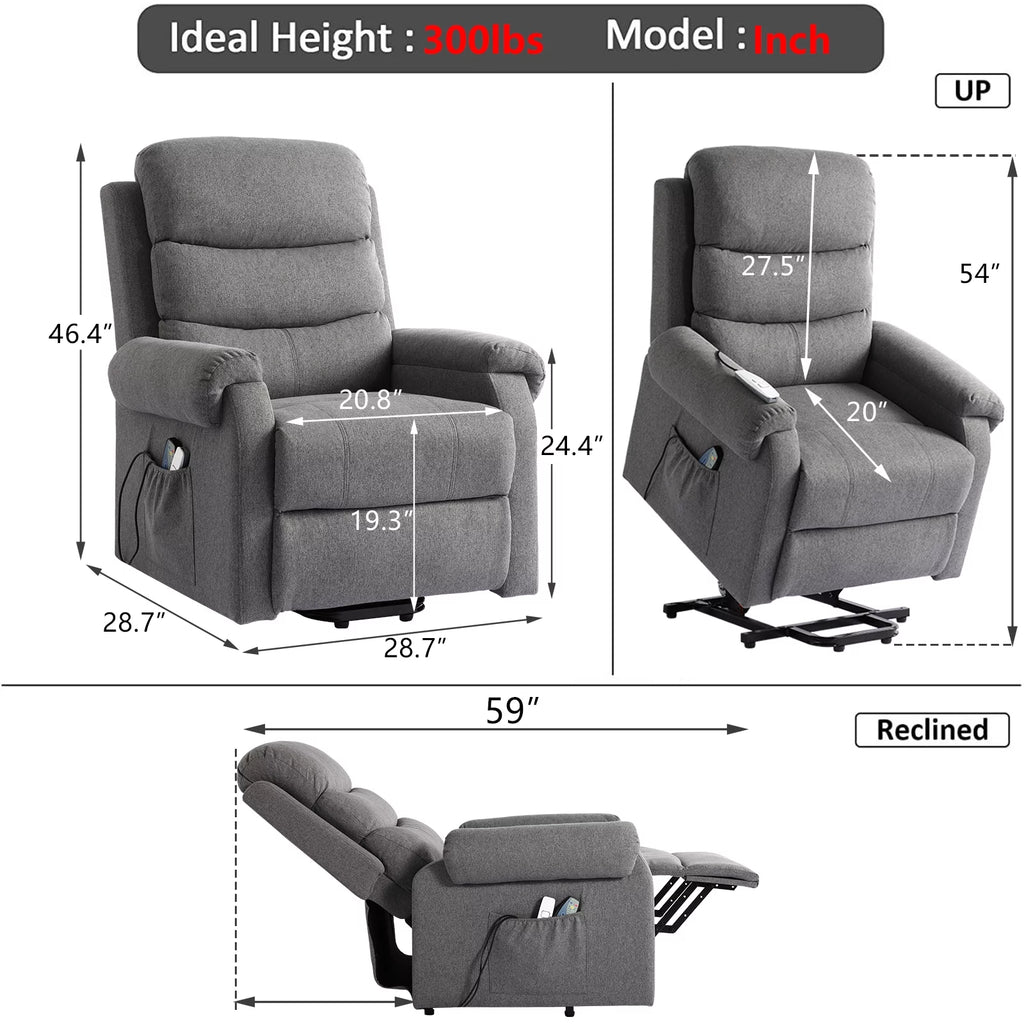 Linen Fabric Heated Massage Power Lift Recliner Chair with USB Ports O15857