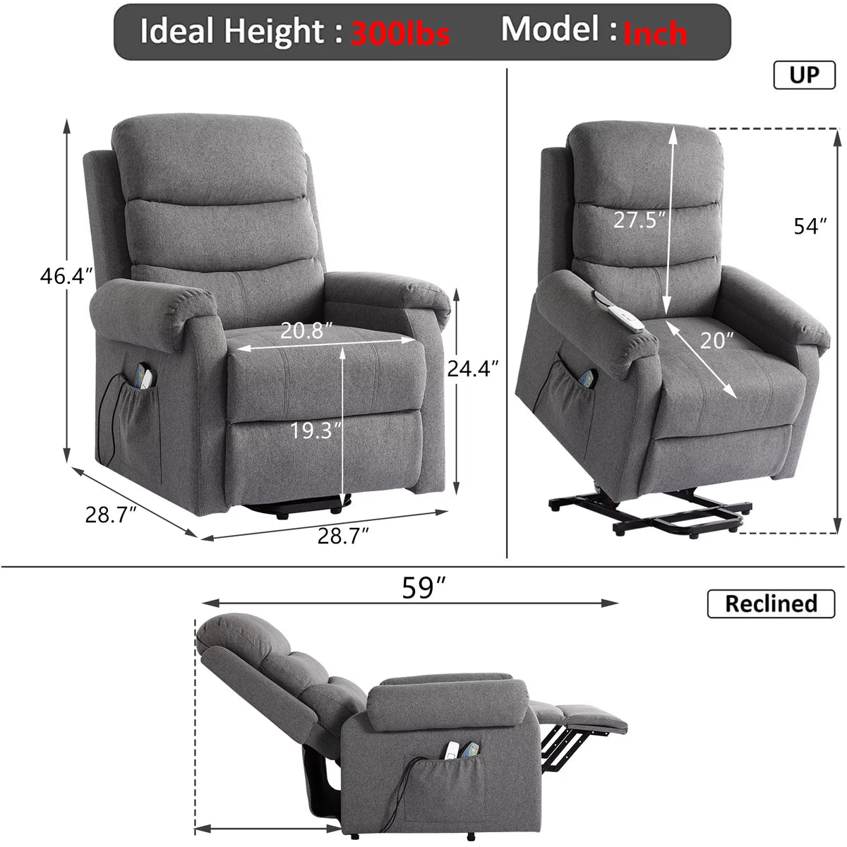 Linen Fabric Heated Massage Power Lift Recliner Chair with USB Ports O15857