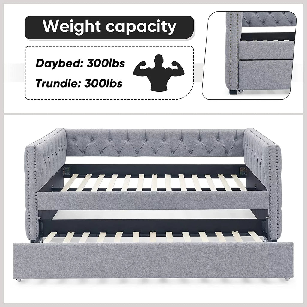 Light Grey Linen Upholstered Twin Size Daybed with Trundle R3495