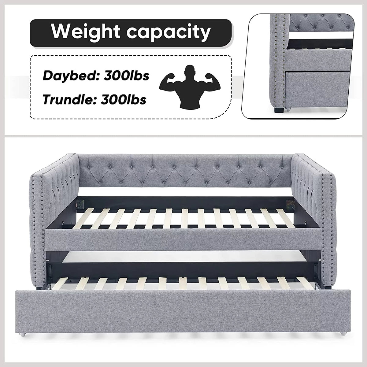 Light Grey Linen Upholstered Twin Size Daybed with Trundle R3495