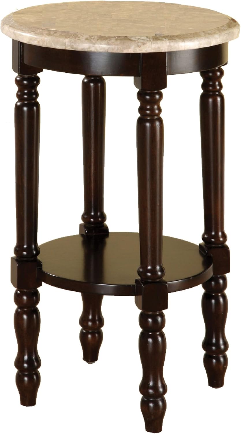 Round Stand with Genuine Marble Top, Dark Cherry Finish T22298
