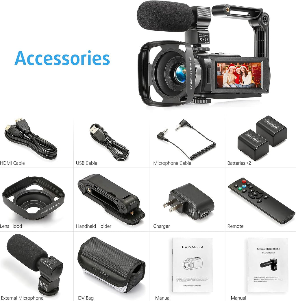 Camcorder 1080P Video Camera 36MP 3.0 Inch IPS Touch Screen IR Night Vision 16X Digital Zoom with External Microphone Handheld Stabilizer Remote Control V826580