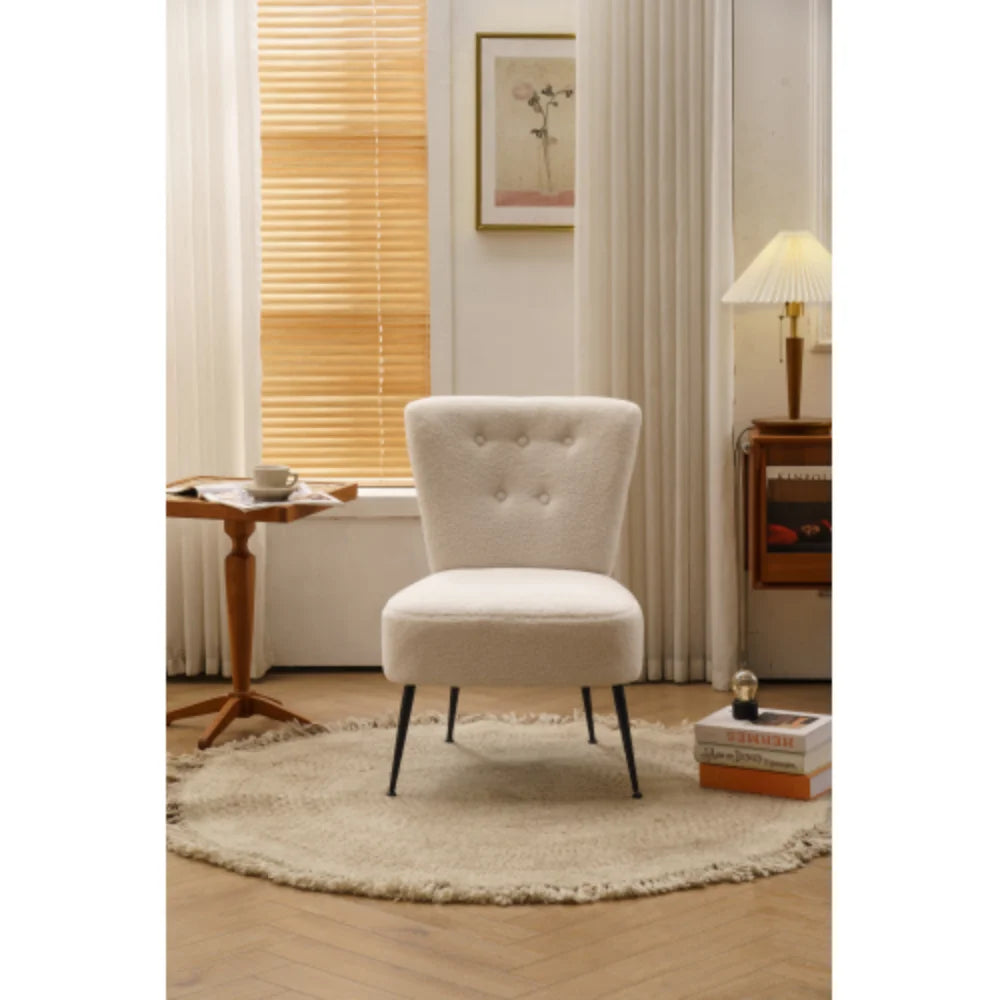Ivory White Tufted Teddy Fabric Slipper Chair with Black Metal Legs X746907