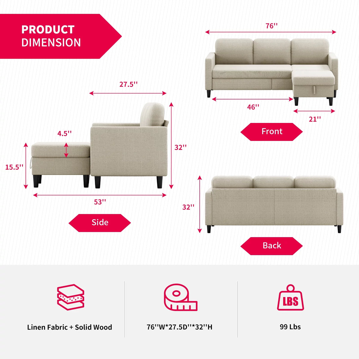 Beige Linen Sectional Sofa with Storage Ottoman K533