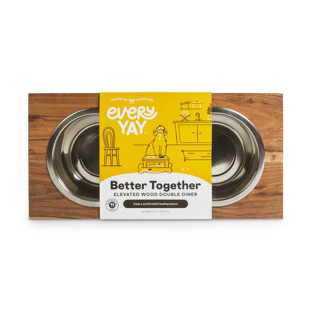 Elevated Wood Double Diner with Stainless-Steel Bowls M2841