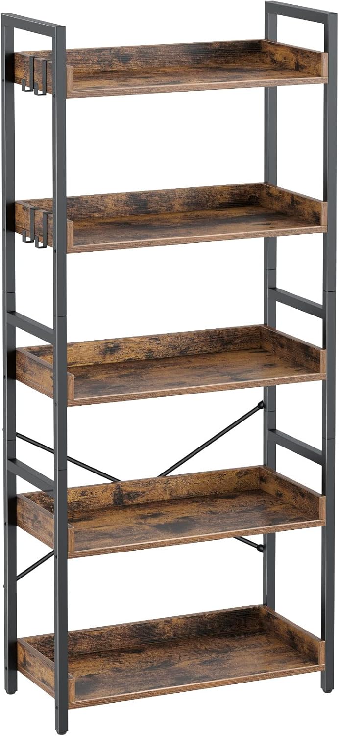 Rustic Brown 6 Tier Wood Bookshelf with 4 Hooks Metal Frame Z9009