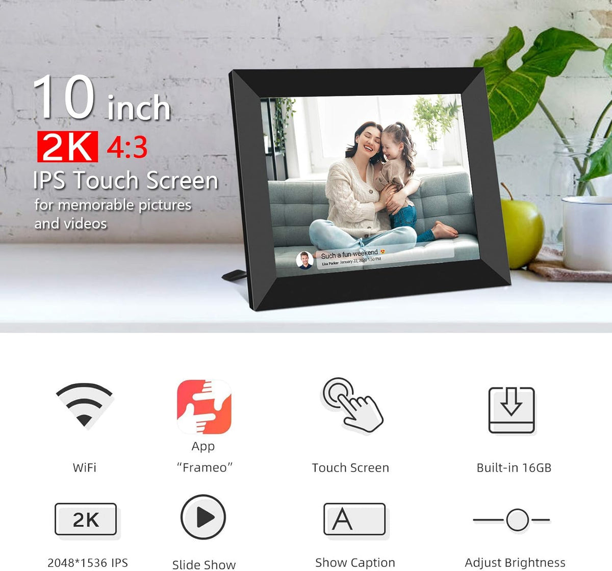 10 Inch Smart WiFi Digital Photo Frame 2K IPS LCD Touch Screen 16GB Storage T6834