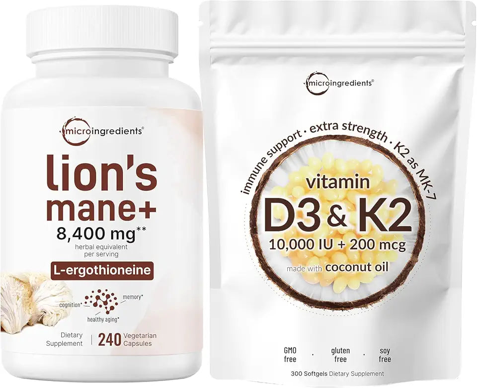 Vitamin D3 10,000iu + K2 200mcg Coconut Oil Softgels & Lions Mane Supplement 240 Veggie Capsules 2 Pack S737106