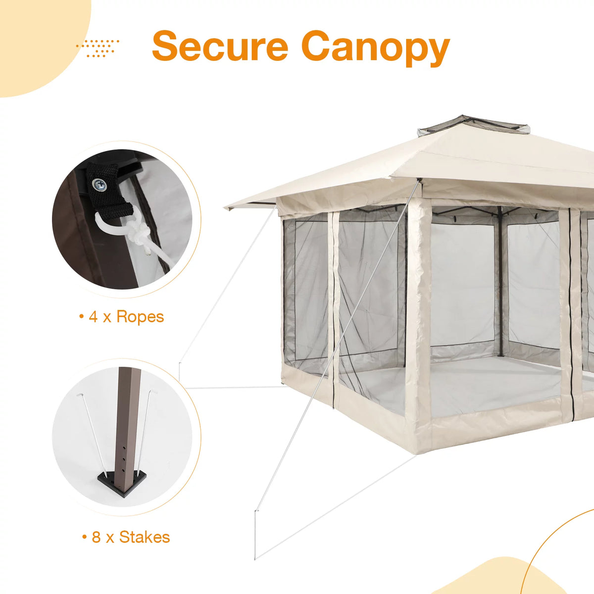 13'x13' Pop Up Gazebo with Netting Walls and Vented Roof Canopy, Beige Y344553
