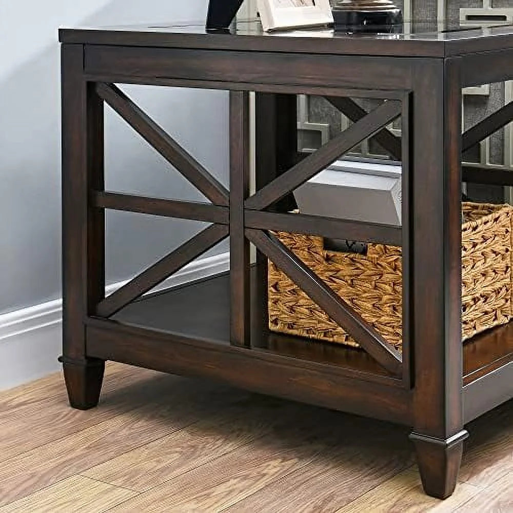 Rustic Brown End Table with Tempered Glass R3203