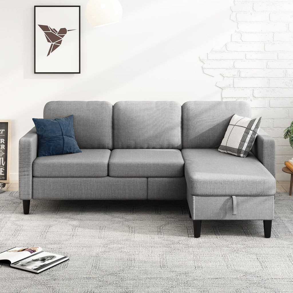 Beige Linen Sectional Sofa with Storage Ottoman K533
