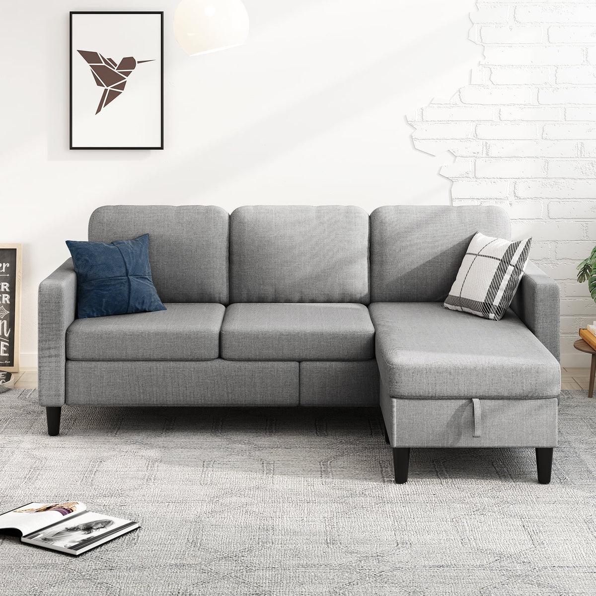 Beige Linen Sectional Sofa with Storage Ottoman K533