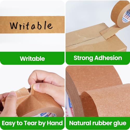 Kraft Paper Tape, 2 Inch x 60 Yards x 3 Rolls, Biodegradable Brown Packing Tape W9655