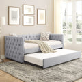 Light Grey Linen Upholstered Twin Size Daybed with Trundle R3495