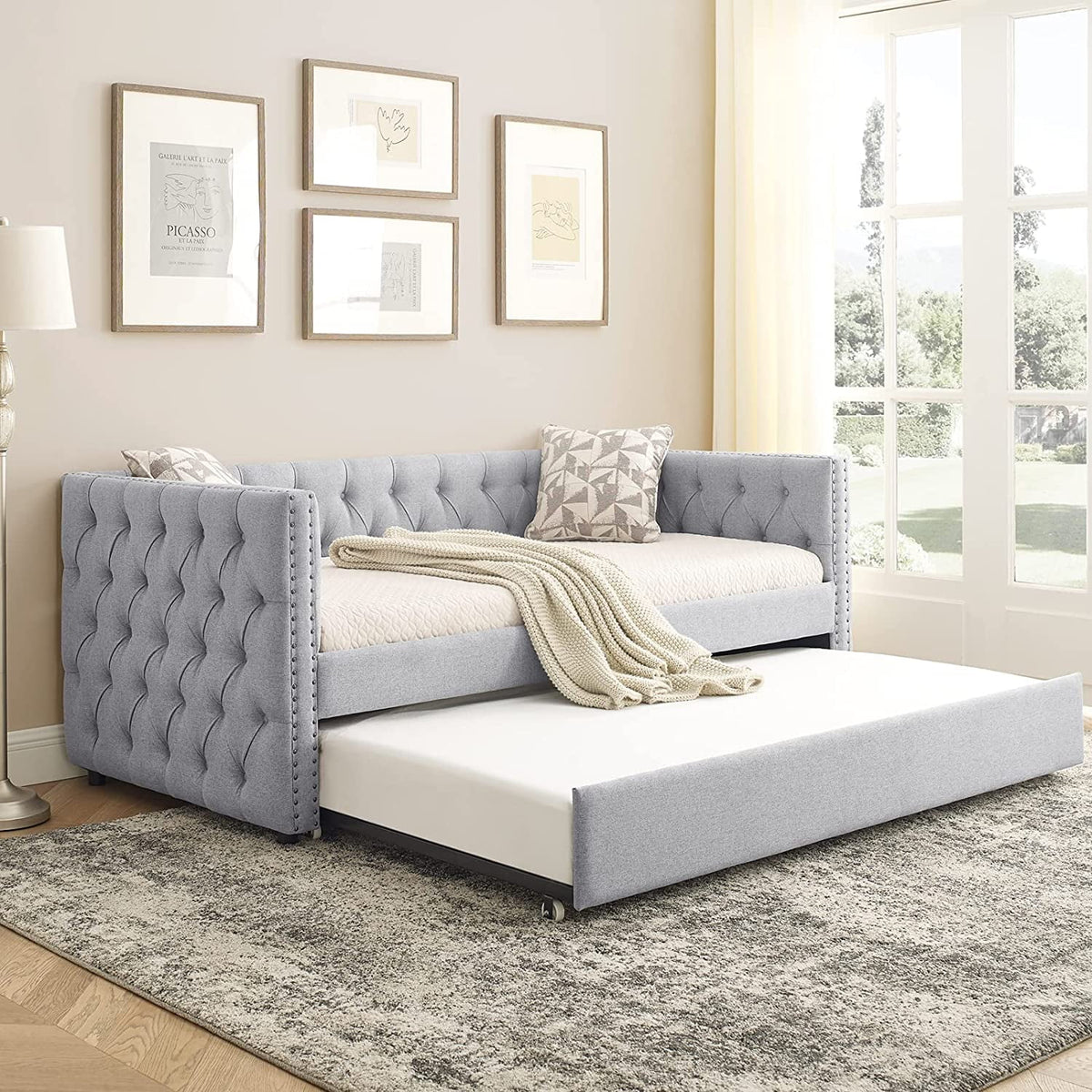 Light Grey Linen Upholstered Twin Size Daybed with Trundle R3495