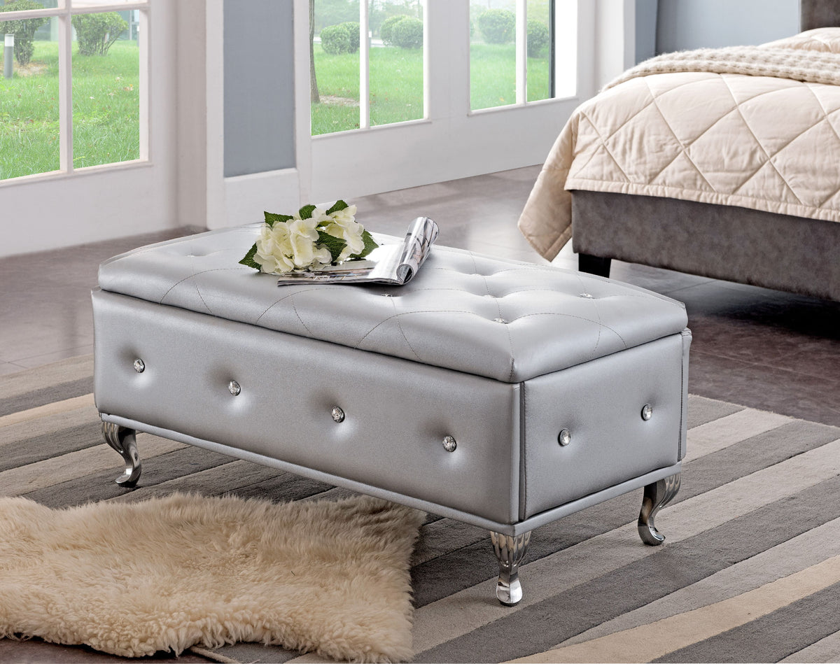 Silver Faux Leather Storage Ottoman Bench D548
