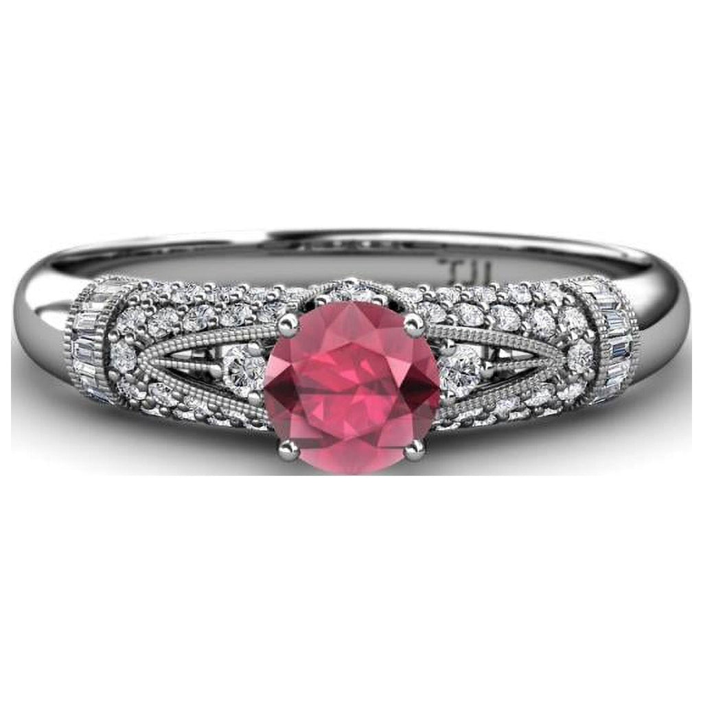14K White Gold Round Rhodolite Garnet Diamond Engagement Ring R715599