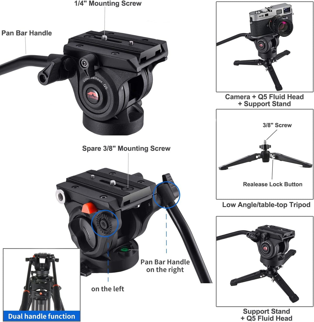 73.2 inch Aluminum Camera Monopod with Pan Tilt Fluid Head and Tripod Base T749