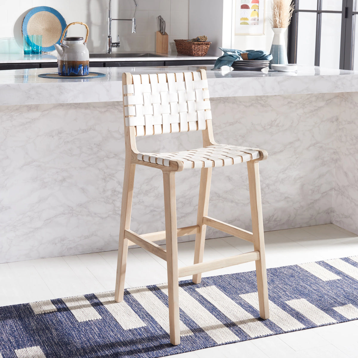 White/Natural Leather Bar Stool W711