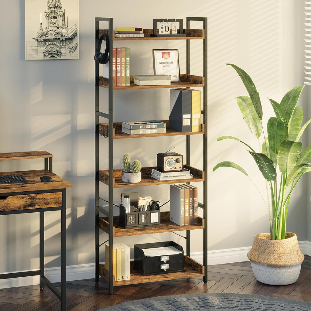 Rustic Brown 6 Tier Wood Bookshelf with 4 Hooks Metal Frame Z9009