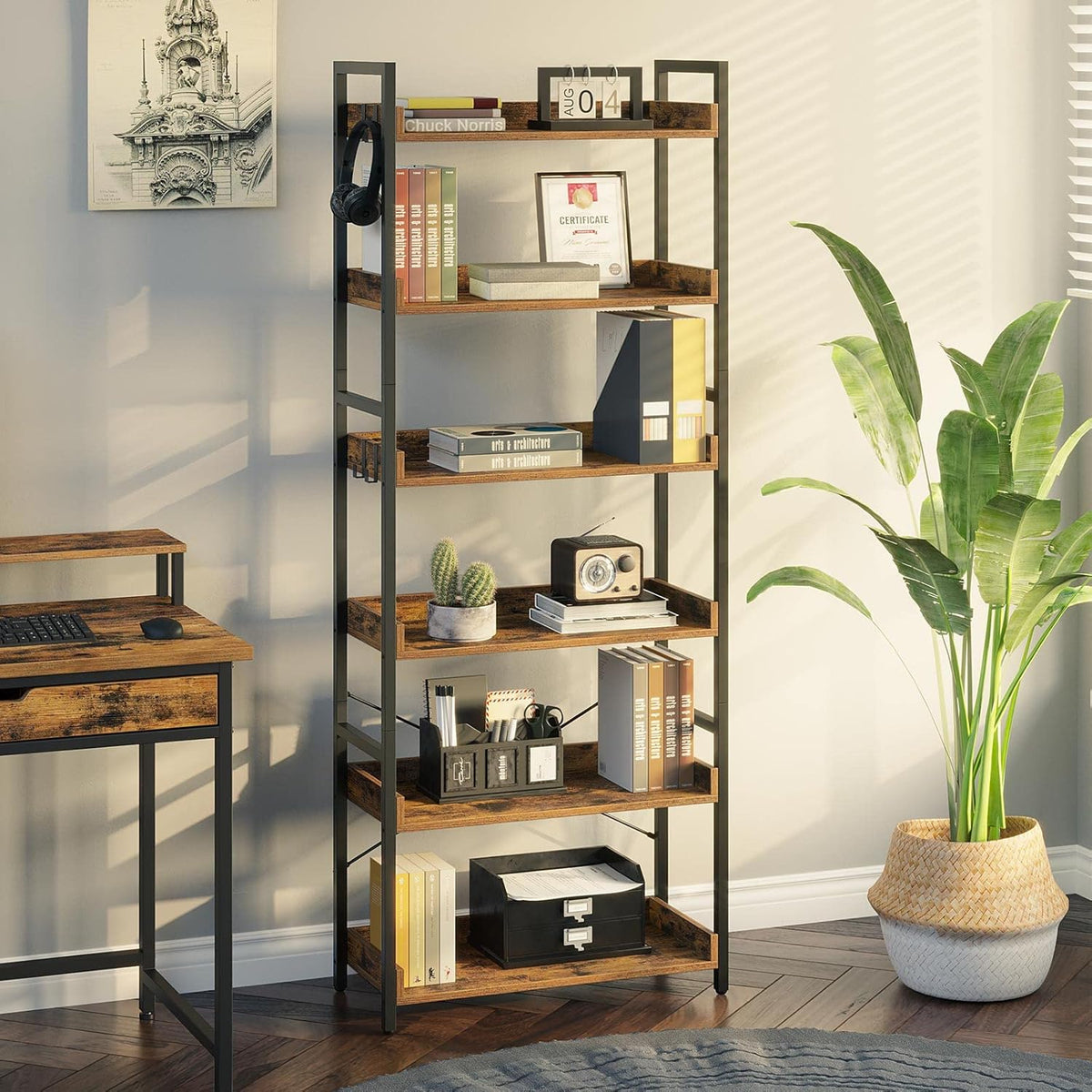 Rustic Brown 6 Tier Wood Bookshelf with 4 Hooks Metal Frame Z9009