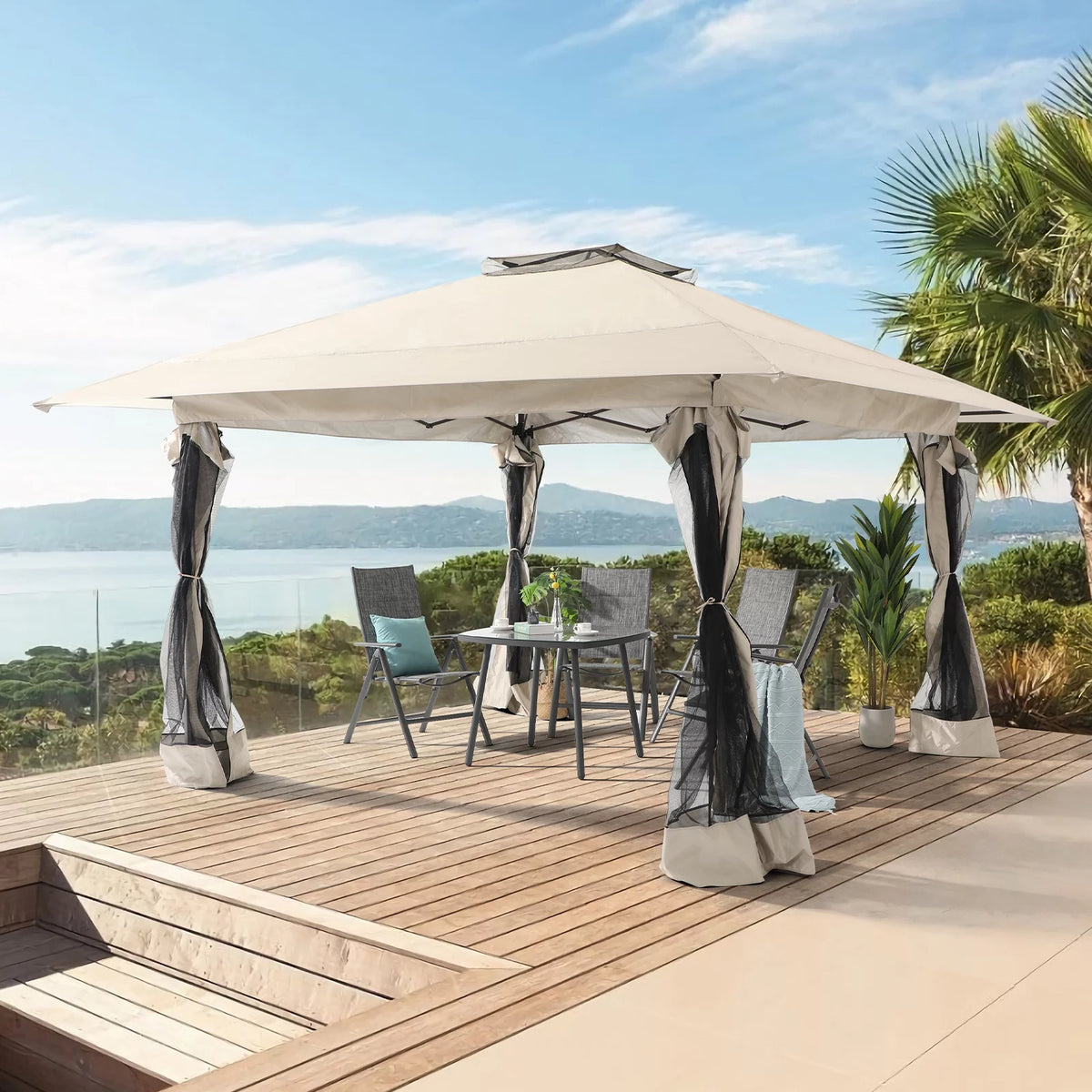 13'x13' Pop Up Gazebo with Netting Walls and Vented Roof Canopy, Beige Y344553