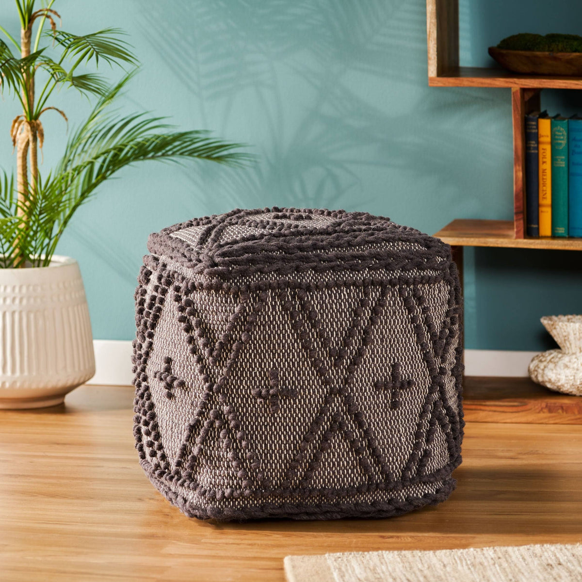 Charcoal Fabric Cube Pouf X517334