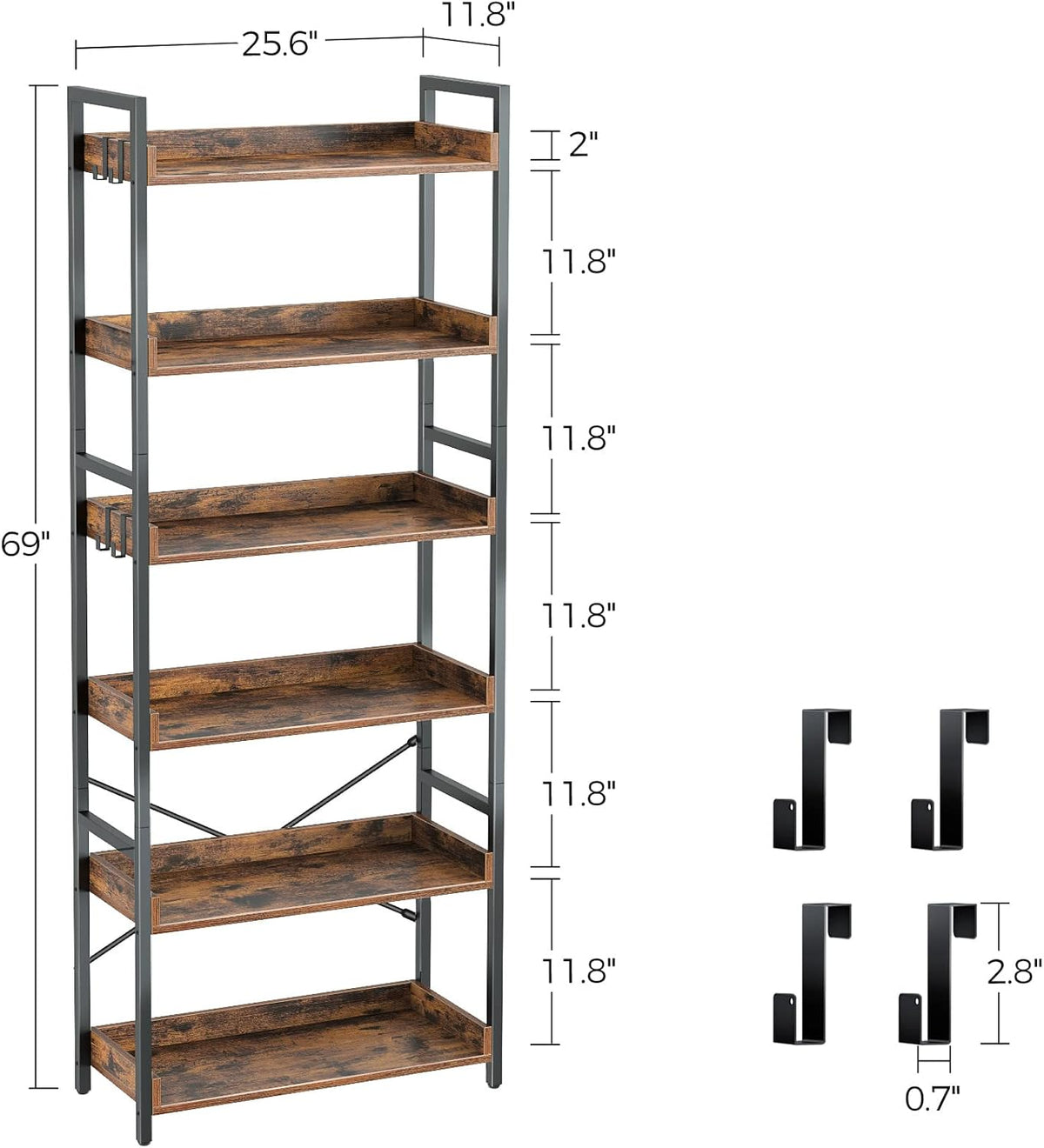 Rustic Brown 6 Tier Wood Bookshelf with 4 Hooks Metal Frame Z9009