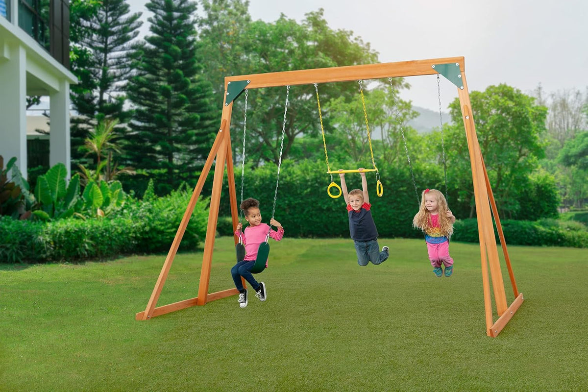 Cedar Wooden Backyard Swing Set with 2 Swings & 1 Trapeze O9441