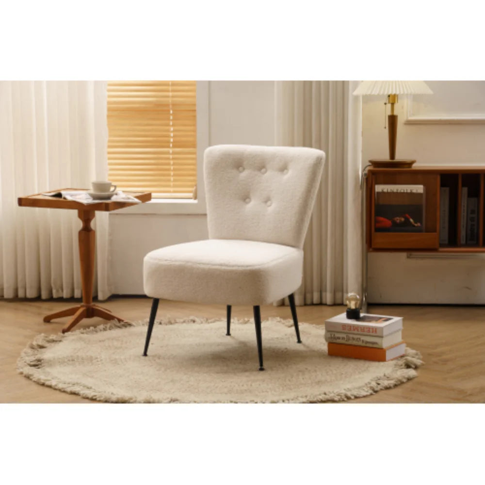 Ivory White Tufted Teddy Fabric Slipper Chair with Black Metal Legs X746907
