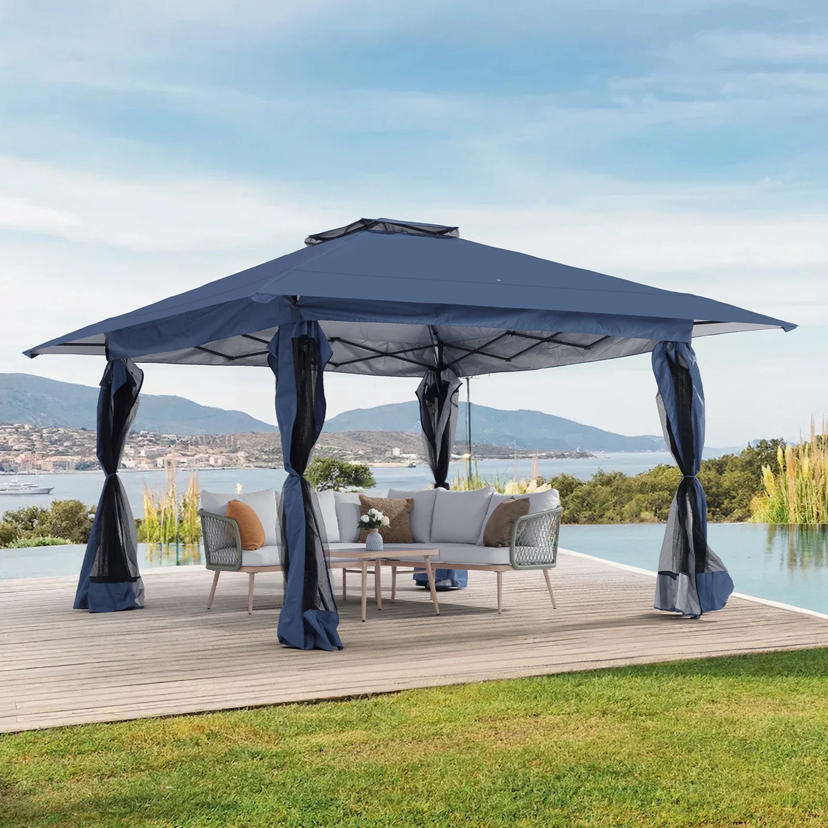 13'x13' Pop Up Gazebo with Netting Walls and Vented Roof Canopy, Beige Y344553