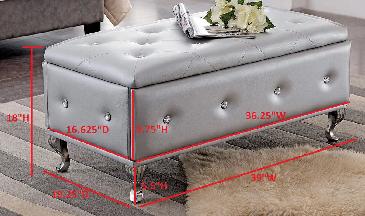 Silver Faux Leather Storage Ottoman Bench D548