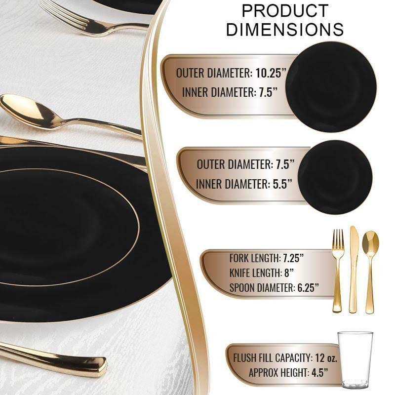 120 Settings Black with Gold Rim Round Disposable Plastic Wedding Value Set A500
