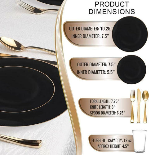 120 Settings Black with Gold Rim Round Disposable Plastic Wedding Value Set A500