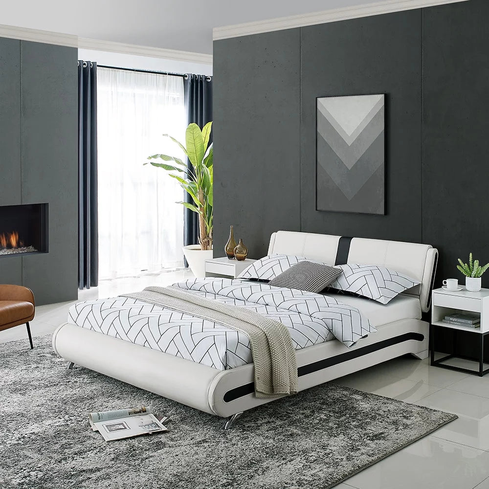 Queen White Platform Bedroom Set with Striped Headboard Q44261