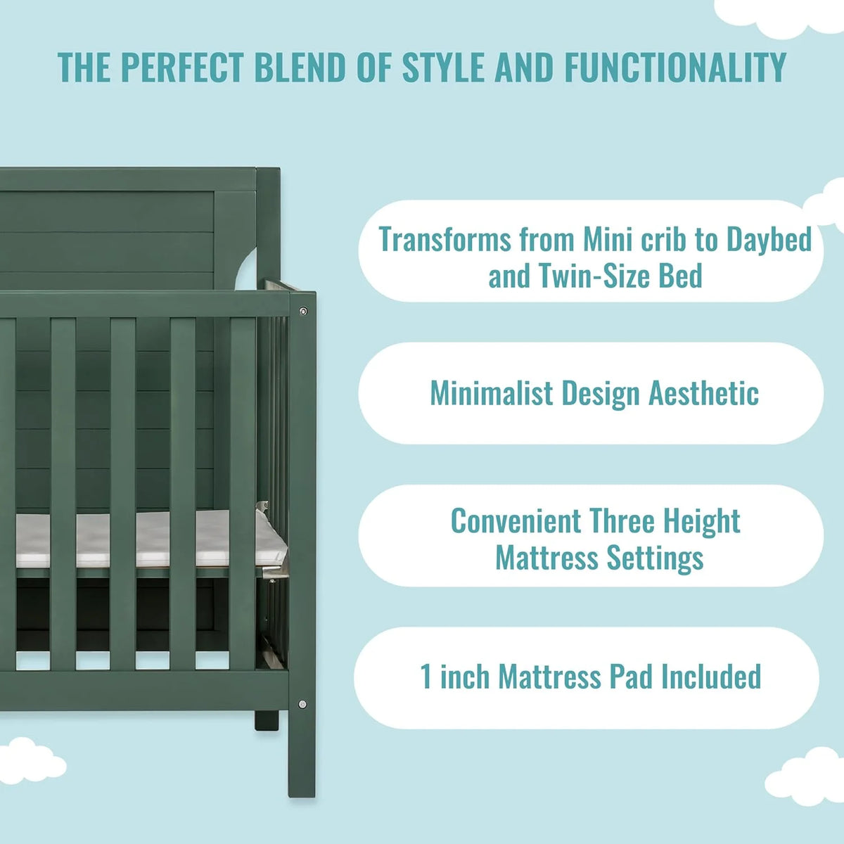 4 in 1 Convertible Mini Portable Crib with 3 Mattress Height Settings H26438