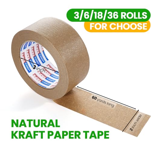 Kraft Paper Tape, 2 Inch x 60 Yards x 3 Rolls, Biodegradable Brown Packing Tape W9655