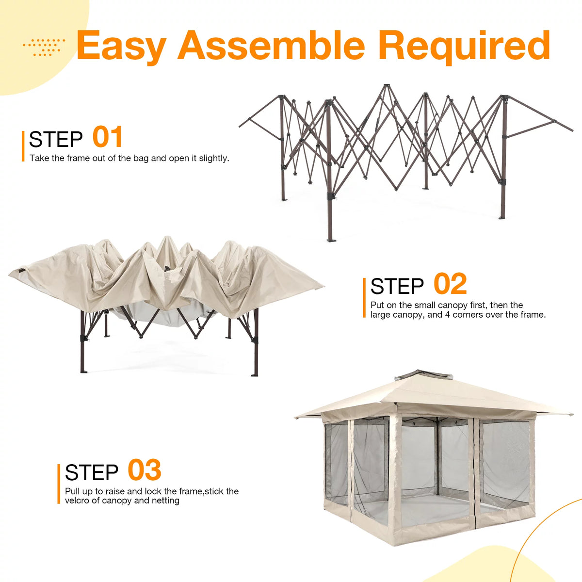 13'x13' Pop Up Gazebo with Netting Walls and Vented Roof Canopy, Beige Y344553