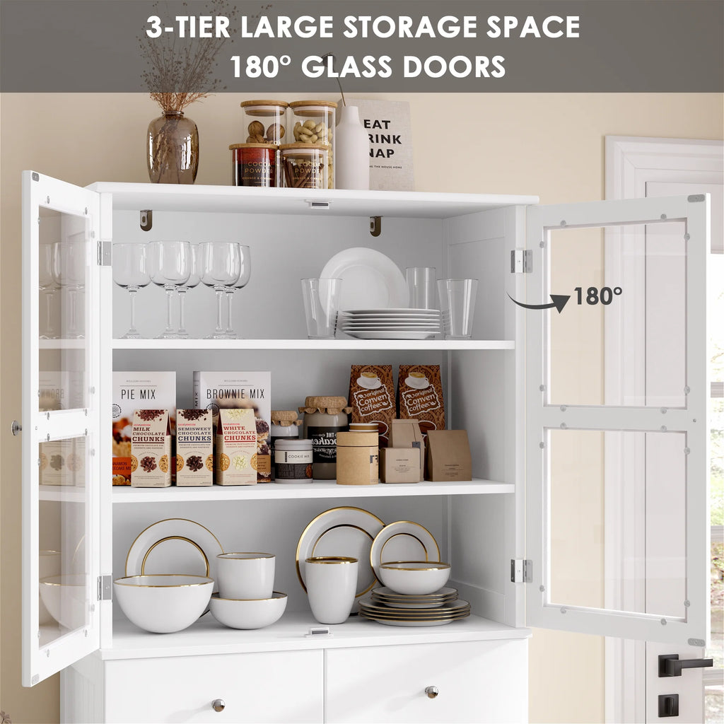 71" White Wood Bookcase with Glass Doors and 3 Drawers J230